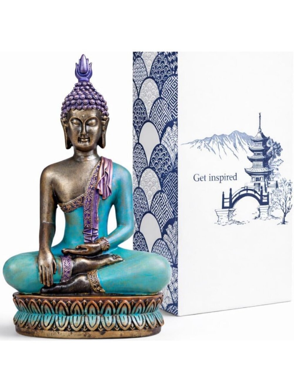 Hand-Painted 12.5-Inch Buddha Statue, Large Polyresin Decor in Sea Blue & Purple